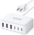 White 6-port USB C charging station with 3 USB-A and 3 USB-C ports, and a power cord with plug.