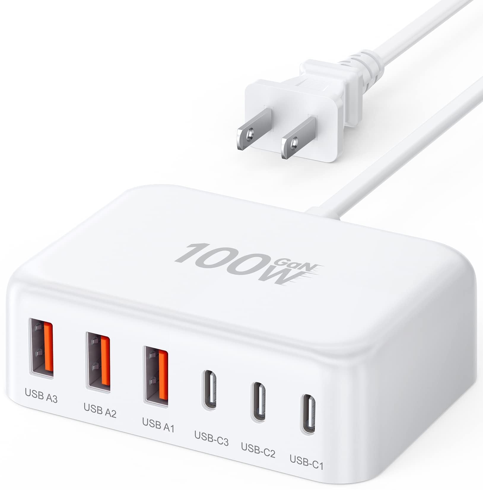 White 6-port USB C charging station with 3 USB-A and 3 USB-C ports, and a power cord with plug.