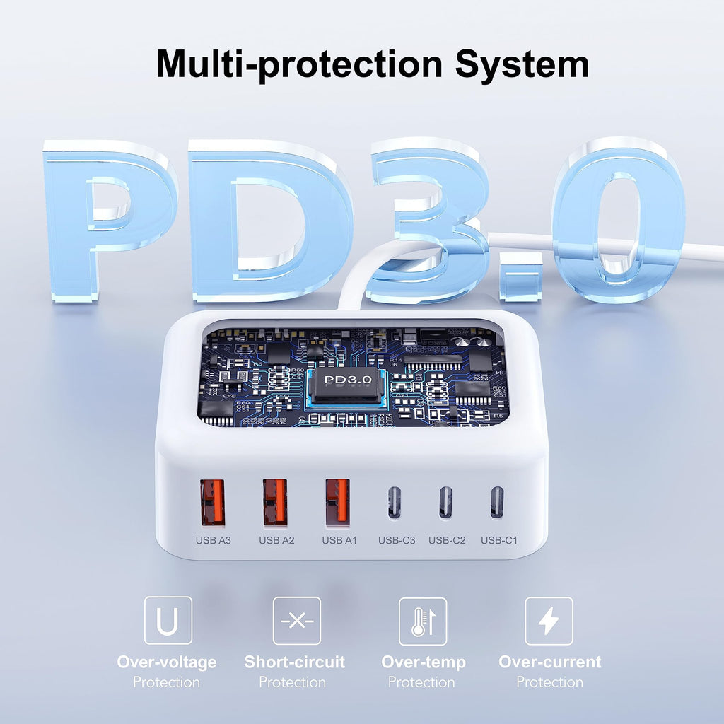 White 6-port USB charging station with PD 3.0 technology, showing ports and protection features.