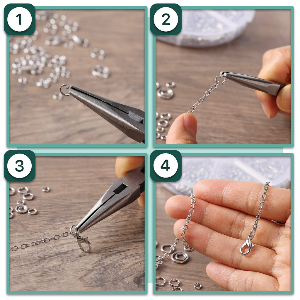 Four-panel image showing how to attach a lobster clasp to a chain using jump rings and pliers.