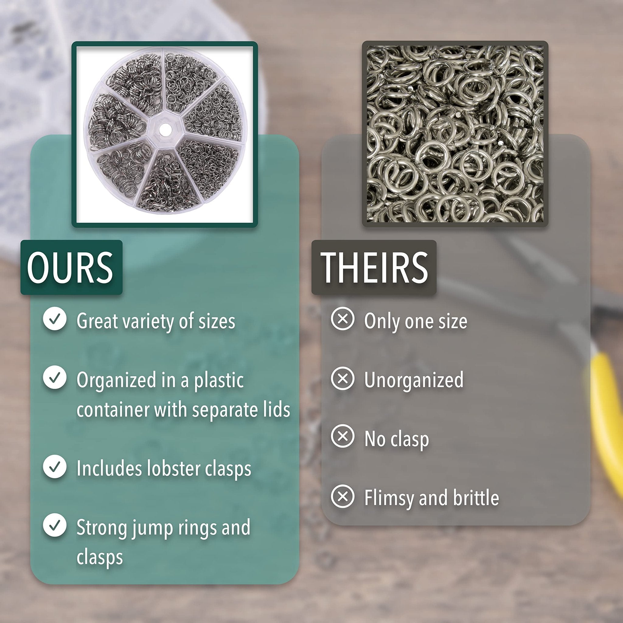 Comparison image showing a divided view of jump rings, with 'Ours' highlighting a variety of sizes in a container and 'Theirs' showing a pile of rings.