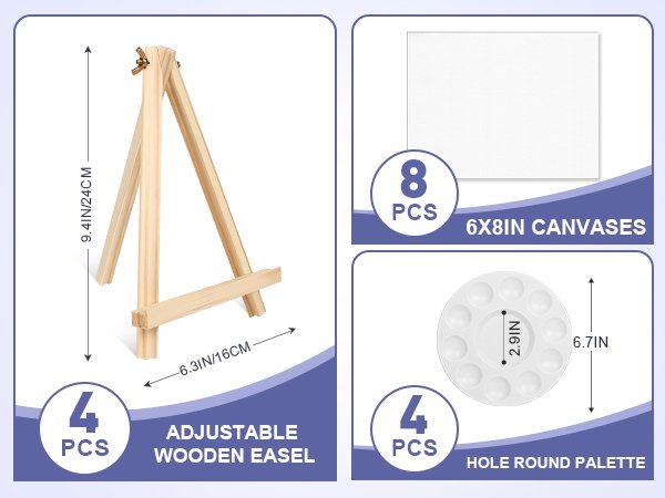 Acrylic painting kit components: adjustable wooden easel, 6x8 inch canvases, and hole round palettes with dimensions shown.