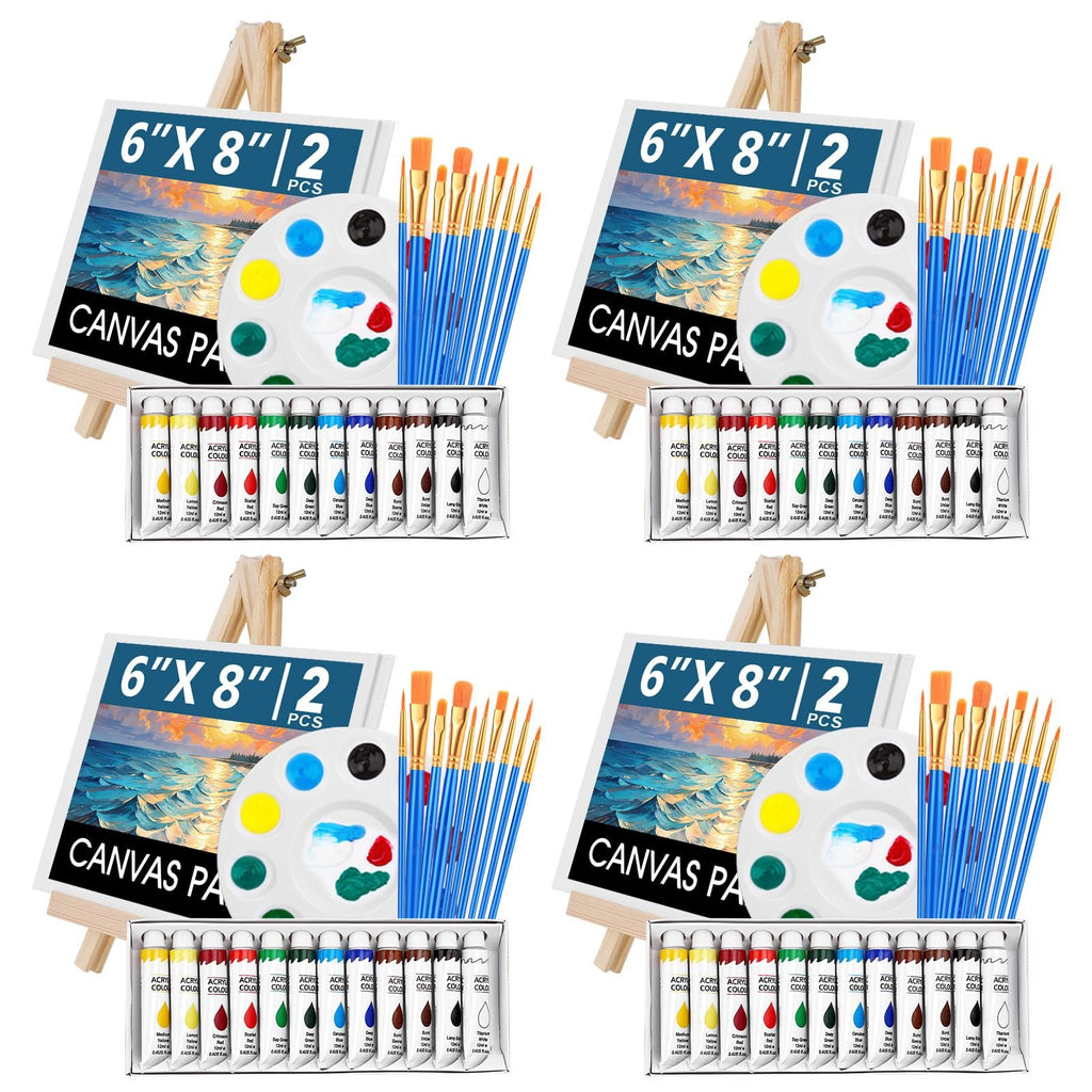 Four sets of acrylic painting supplies, each with a canvas panel, paint tubes, brushes, palette, and easel.
