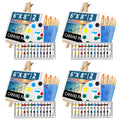 Four sets of acrylic painting supplies, each with a canvas panel, paint tubes, brushes, palette, and easel.