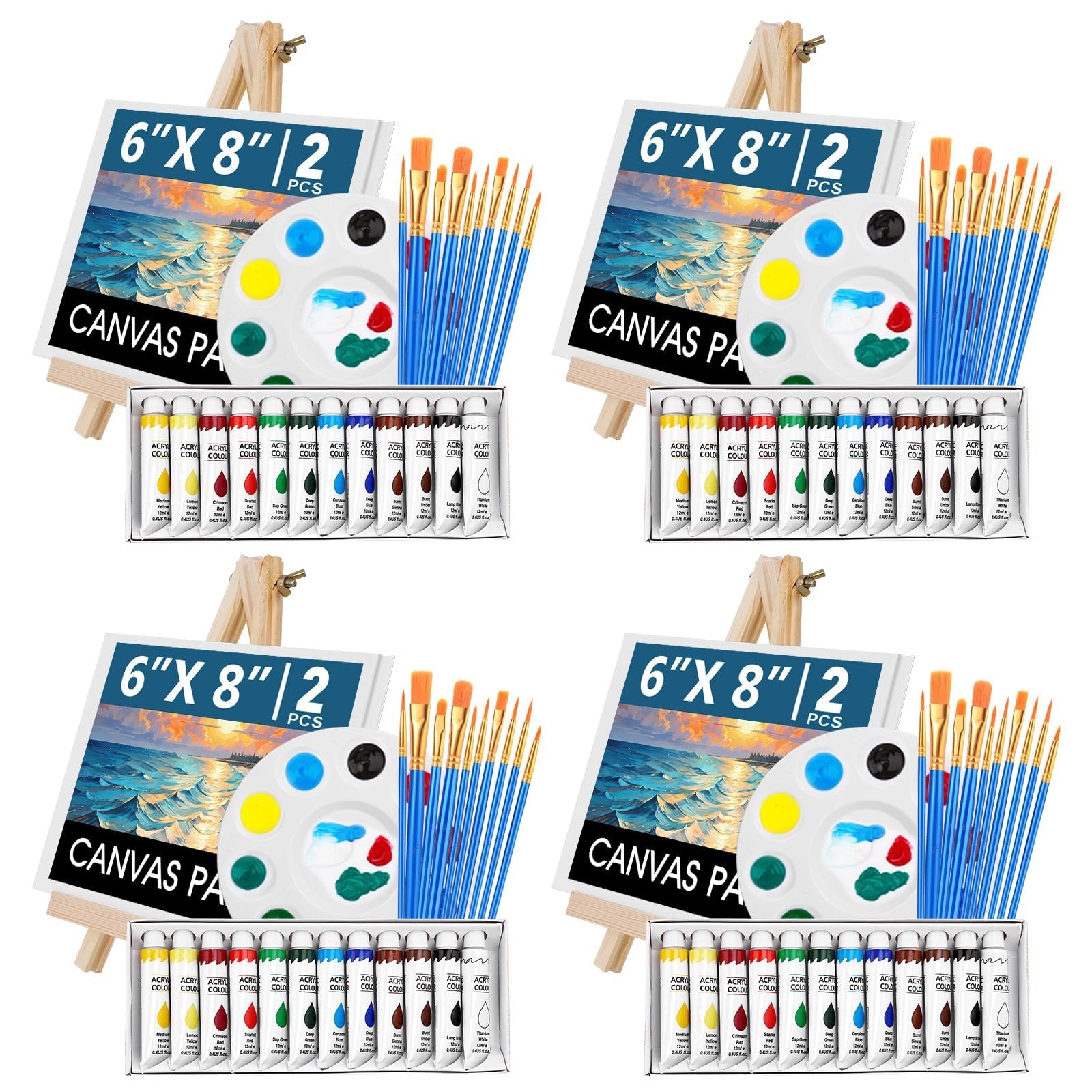 Four sets of acrylic painting supplies, each with a canvas panel, paint tubes, brushes, palette, and easel.