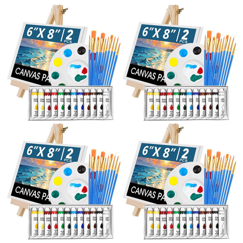 Four sets of acrylic painting supplies, each with a canvas panel, paint tubes, brushes, palette, and easel.