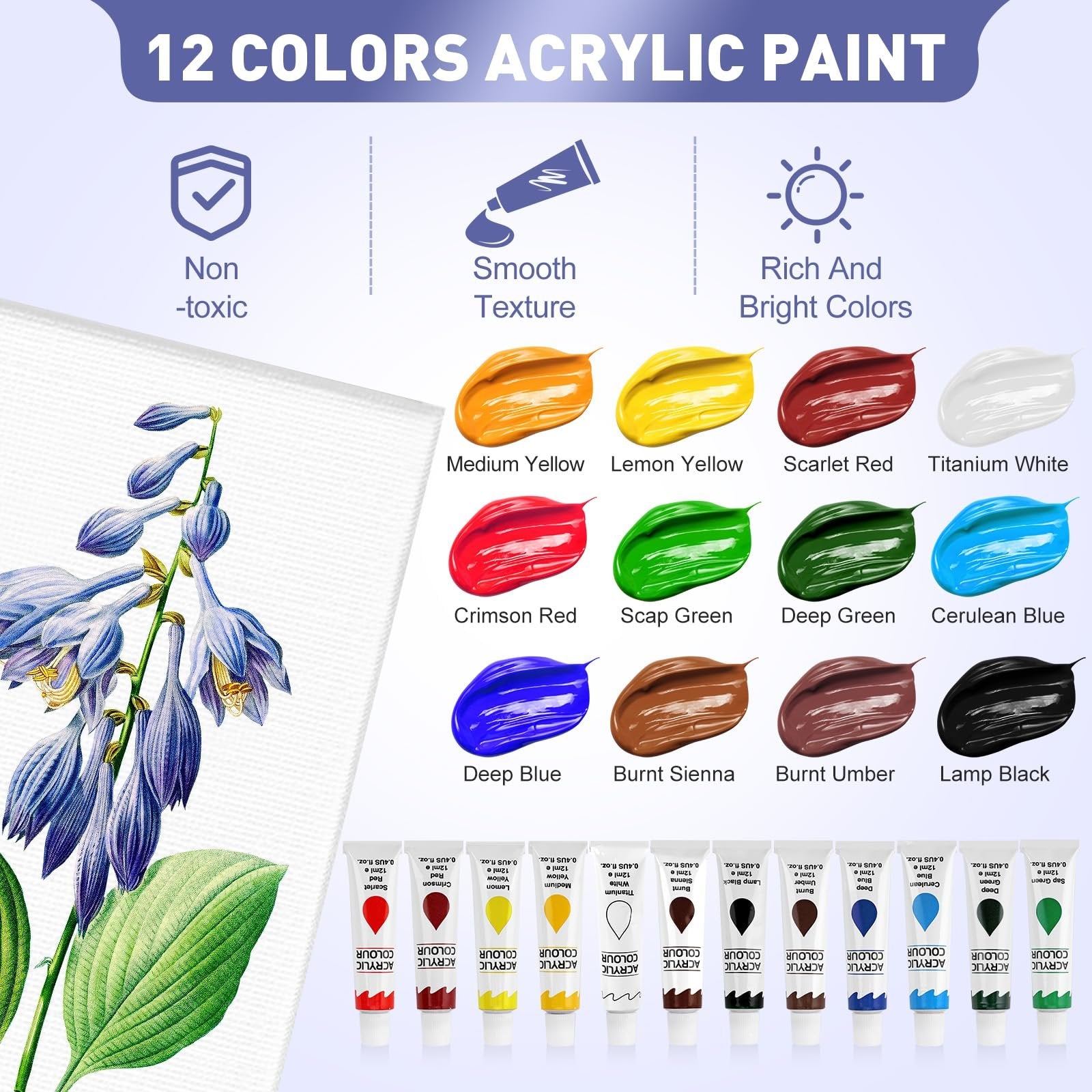 Acrylic paint tubes and swatches of 12 colors including red, yellow, blue, green, white, black, and brown.