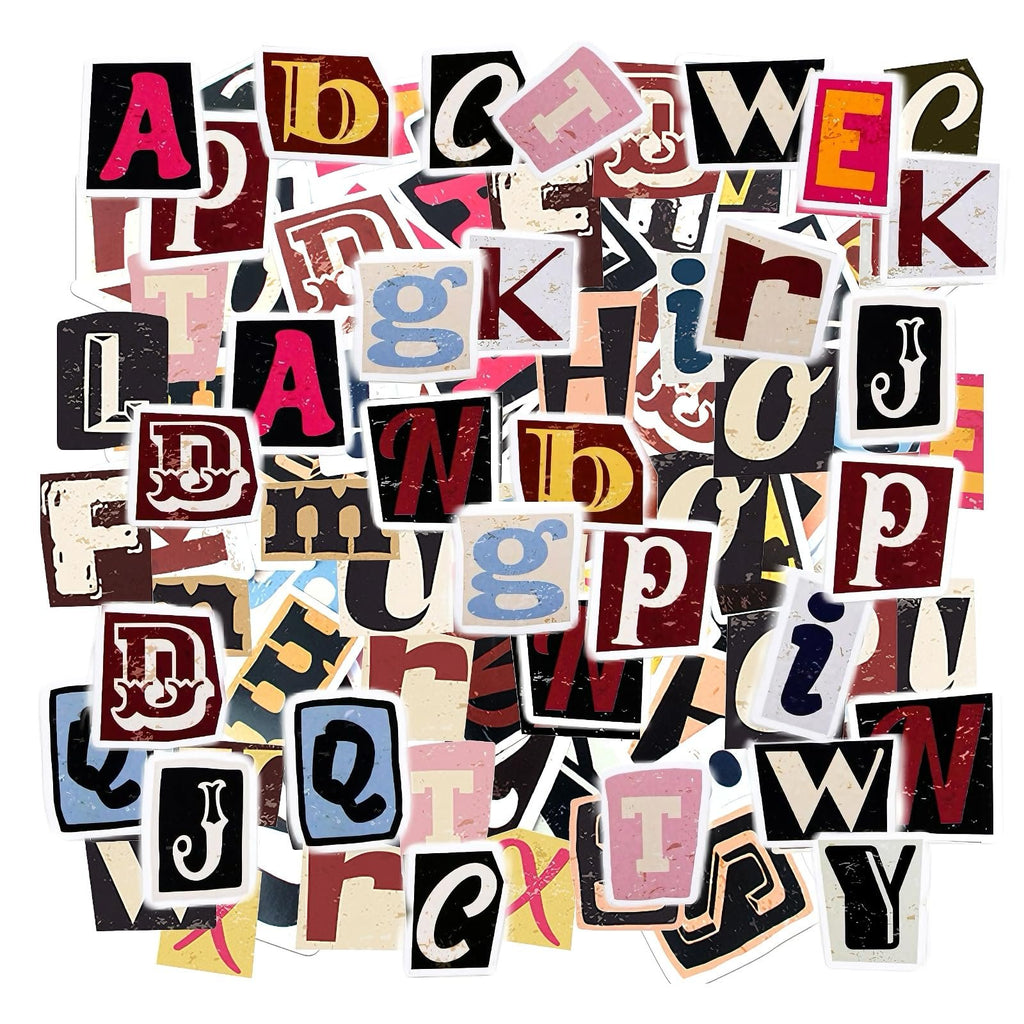 Scattered vintage alphabet vinyl stickers, A-Z letters in various fonts and colors, on a white background.