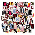 Scattered vintage alphabet vinyl stickers, A-Z letters in various fonts and colors, on a white background.