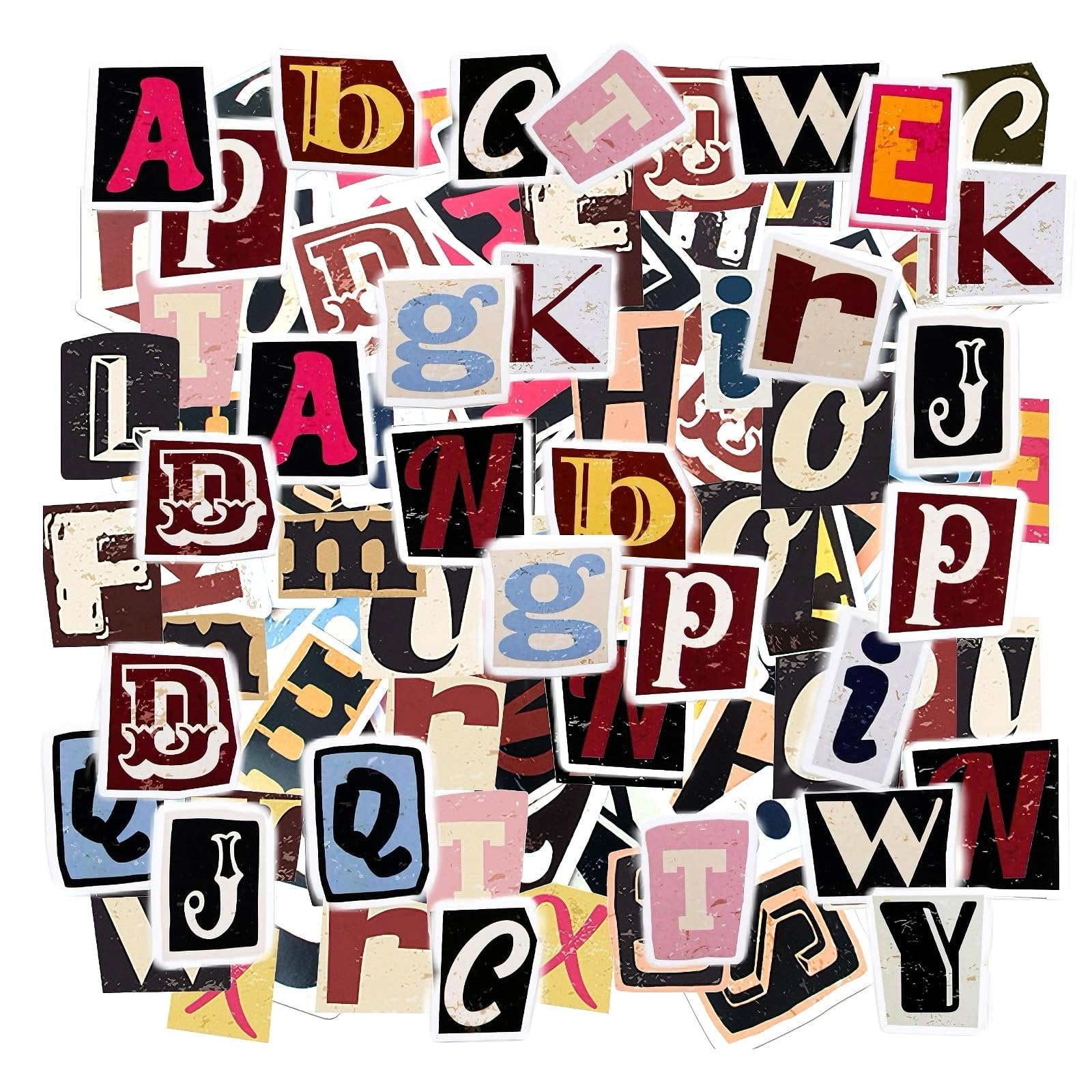 Scattered vintage alphabet vinyl stickers, A-Z letters in various fonts and colors, on a white background.