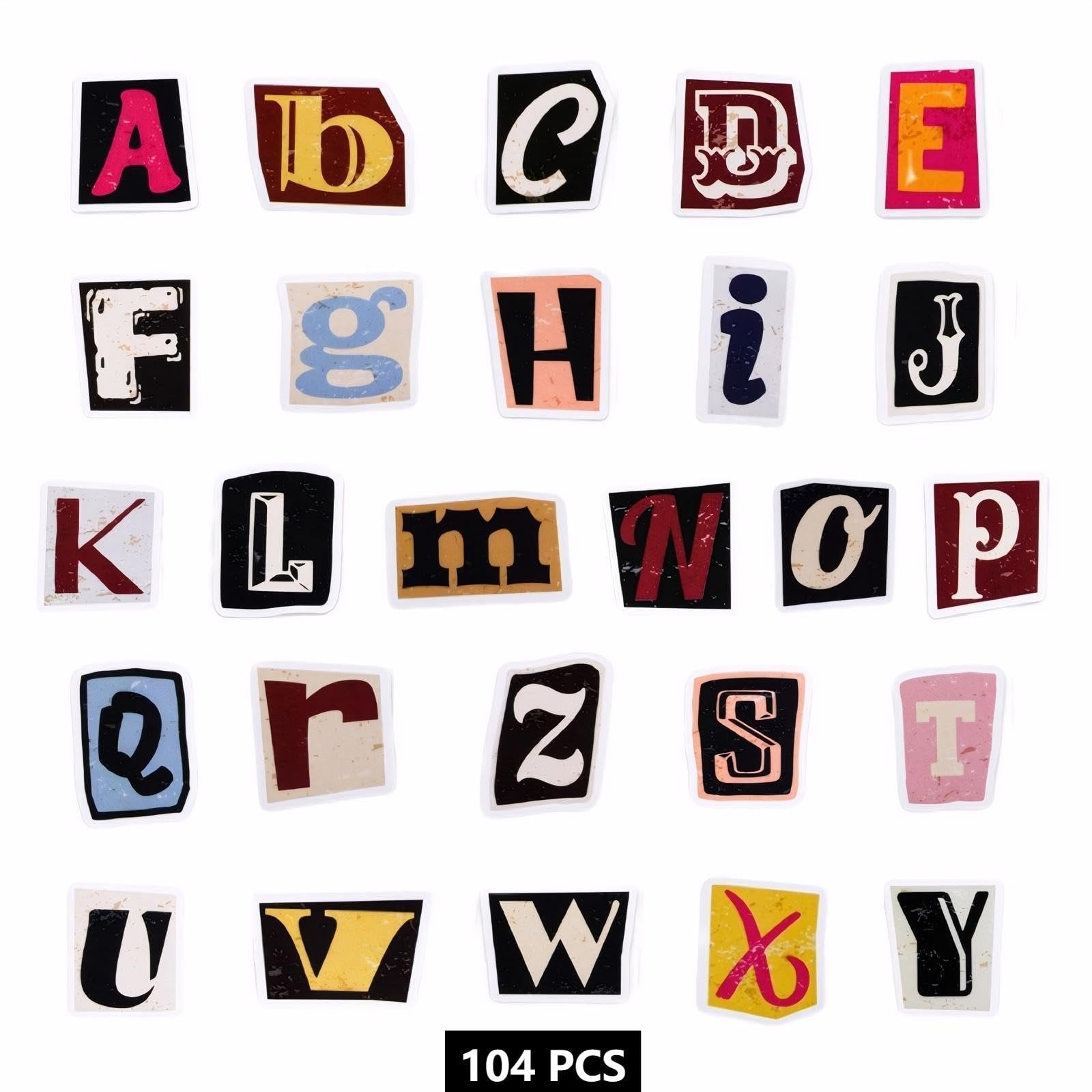 Vintage alphabet vinyl stickers, A-Z letters in various colors and fonts, 104 pieces total.