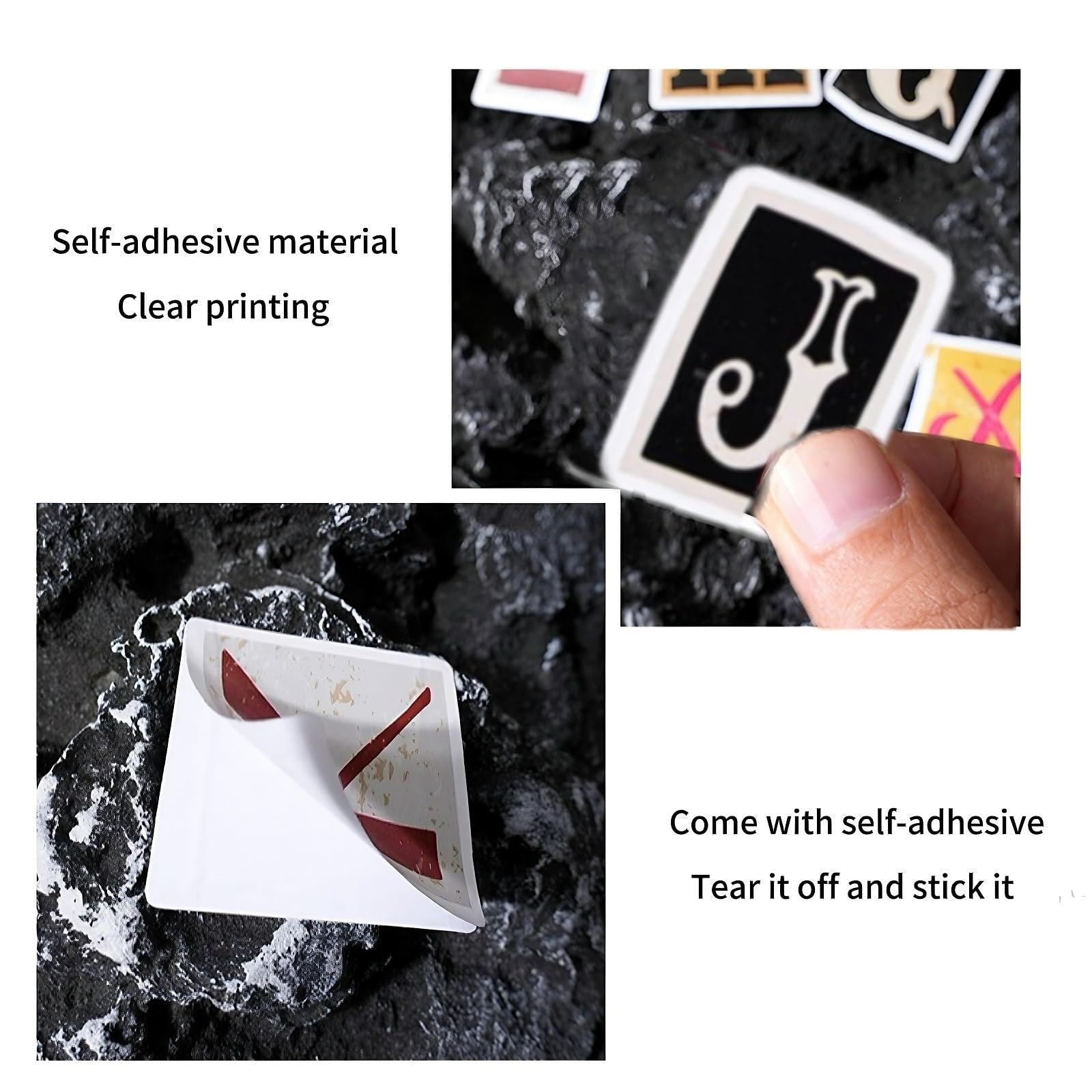 Collage of vintage alphabet vinyl stickers, one being peeled off backing, another held by a finger.