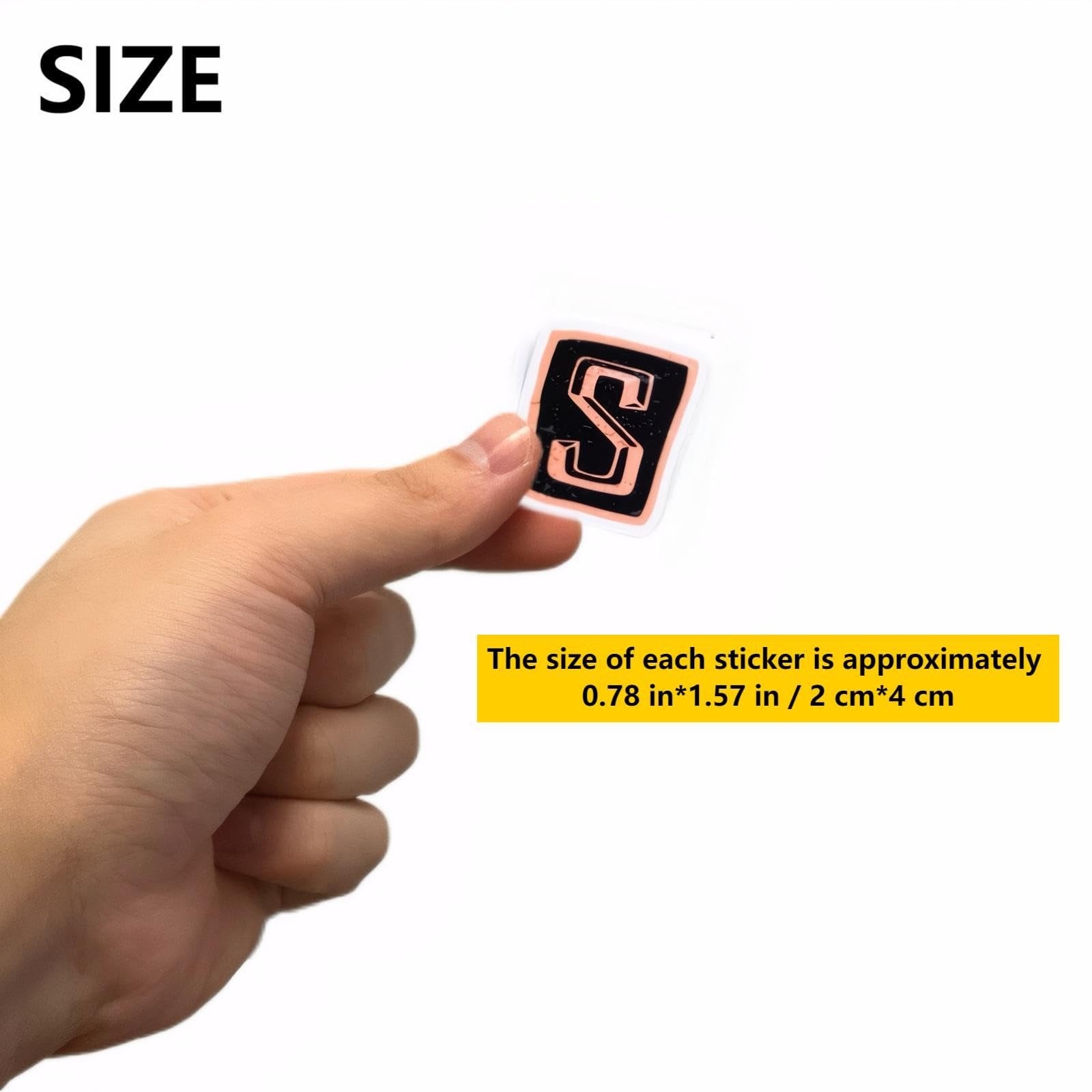 Hand holding a single vintage alphabet sticker with the letter S. Text overlay indicates sticker size.