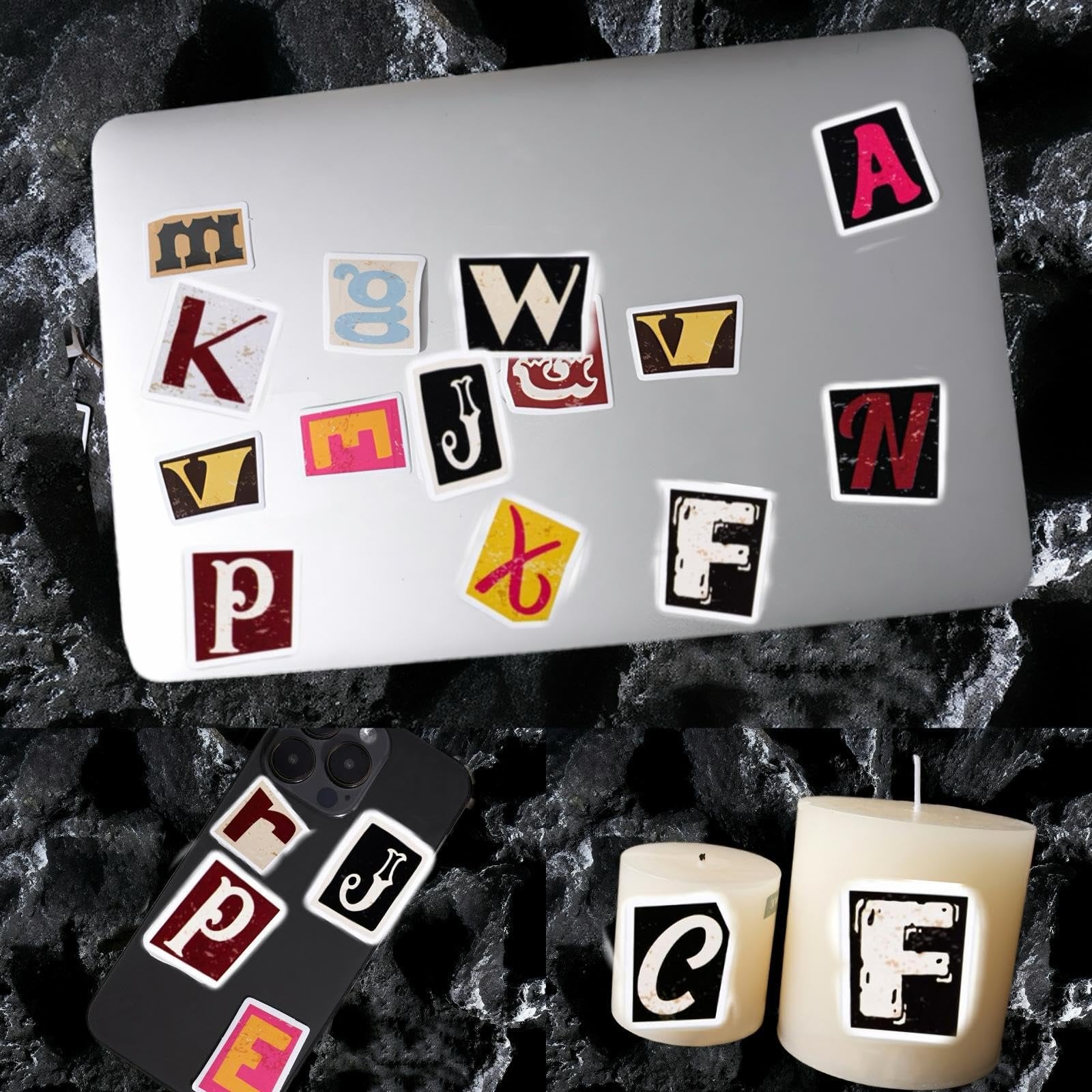 Assorted vintage alphabet stickers applied to a laptop, phone, and candles. Includes letters like K, W, A, N, F, P, E, J, C, M, G, V.