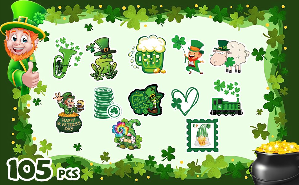 St. Patrick's Day stickers featuring a leprechaun, frog, beer mug, sheep, train, and pot of gold.