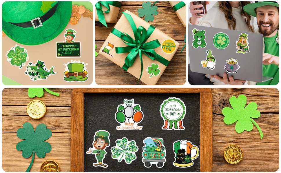 Collage of St. Patrick's Day stickers and decorations, including a leprechaun, shamrocks, a shark, and a beer mug.