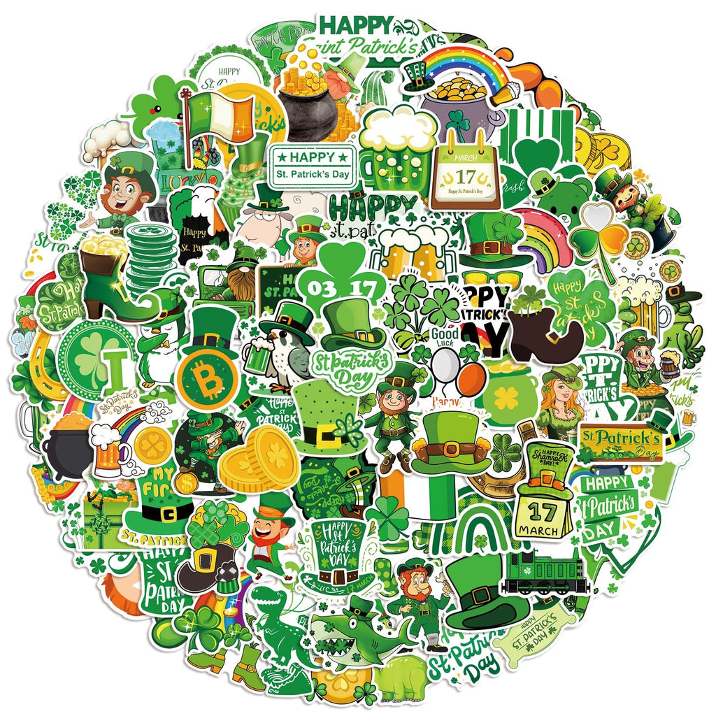 A circular arrangement of St. Patrick's Day themed stickers featuring leprechauns, shamrocks, pots of gold, rainbows, and beer mugs.