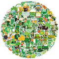A circular arrangement of St. Patrick's Day themed stickers featuring leprechauns, shamrocks, pots of gold, rainbows, and beer mugs.