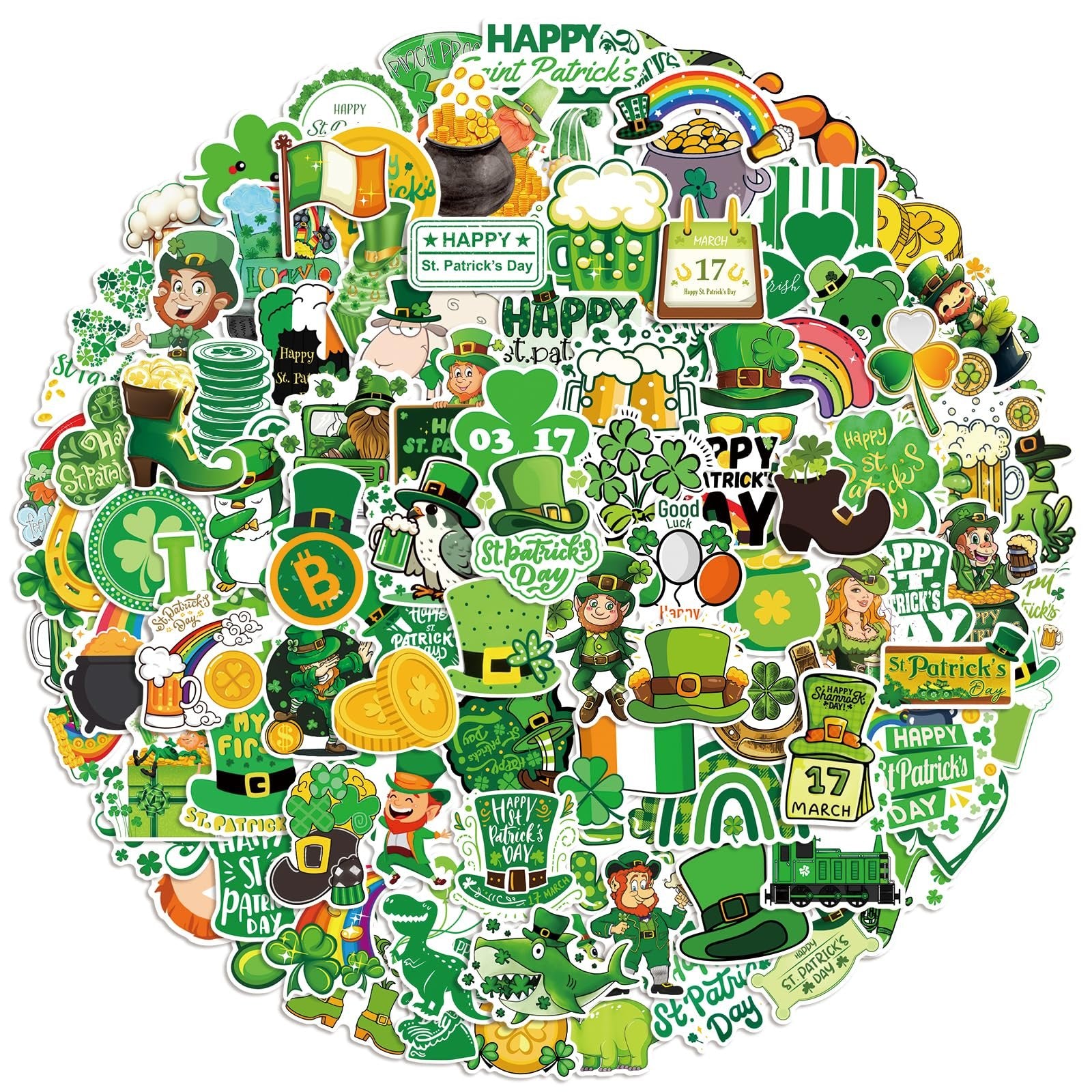 A circular arrangement of St. Patrick's Day themed stickers featuring leprechauns, shamrocks, pots of gold, rainbows, and beer mugs.