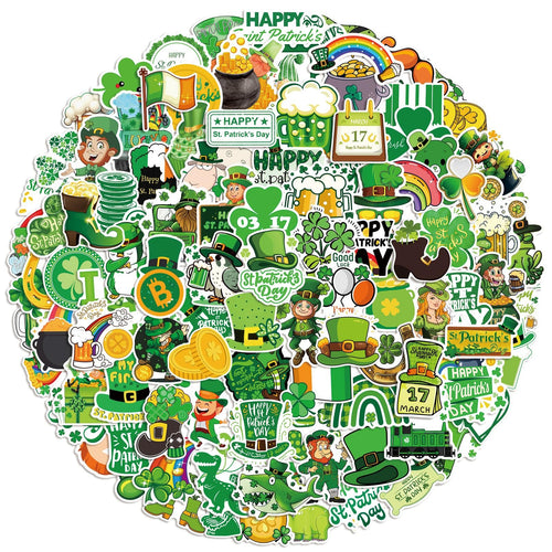 A circular arrangement of St. Patrick's Day themed stickers featuring leprechauns, shamrocks, pots of gold, rainbows, and beer mugs.
