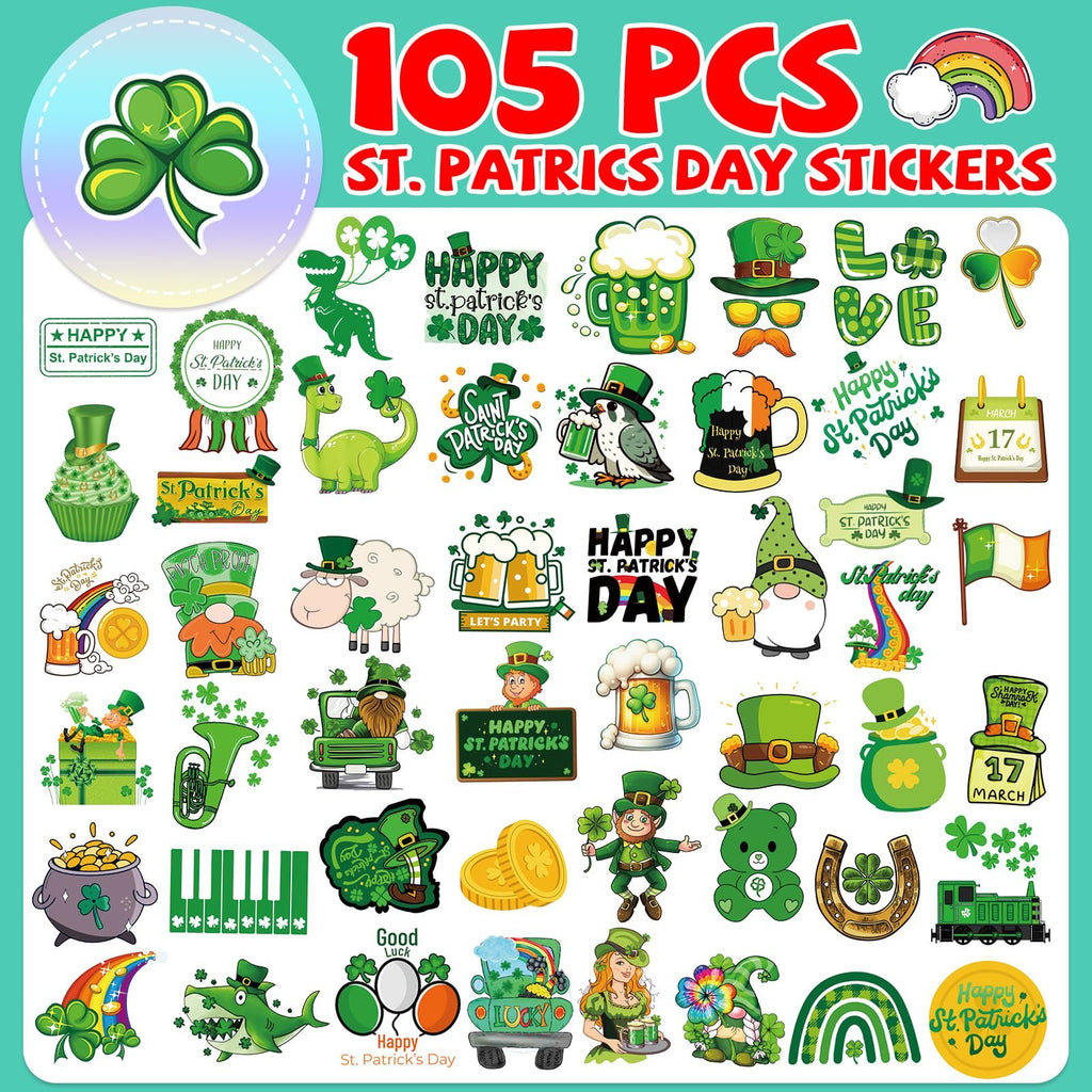Collage of 105 St. Patrick's Day themed stickers featuring shamrocks, leprechauns, beer mugs, and festive sayings.