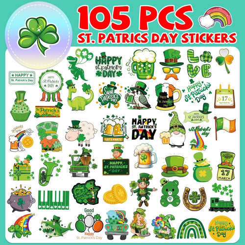 Collage of 105 St. Patrick's Day themed stickers featuring shamrocks, leprechauns, beer mugs, and festive sayings.