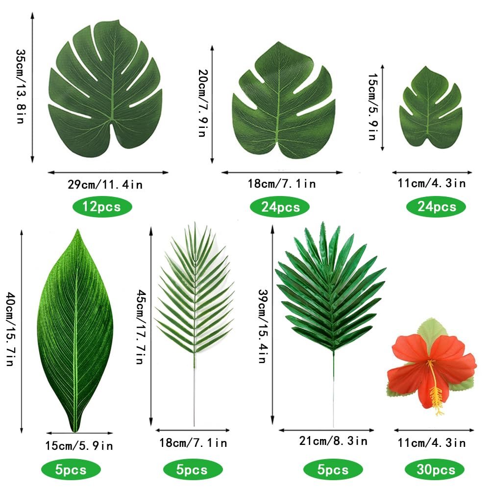 Various artificial tropical leaves and hibiscus flowers with size and quantity labels