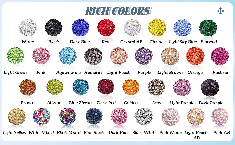 Assortment of 10mm rhinestone disco ball beads in various colors, displayed in rows with color names below each bead.