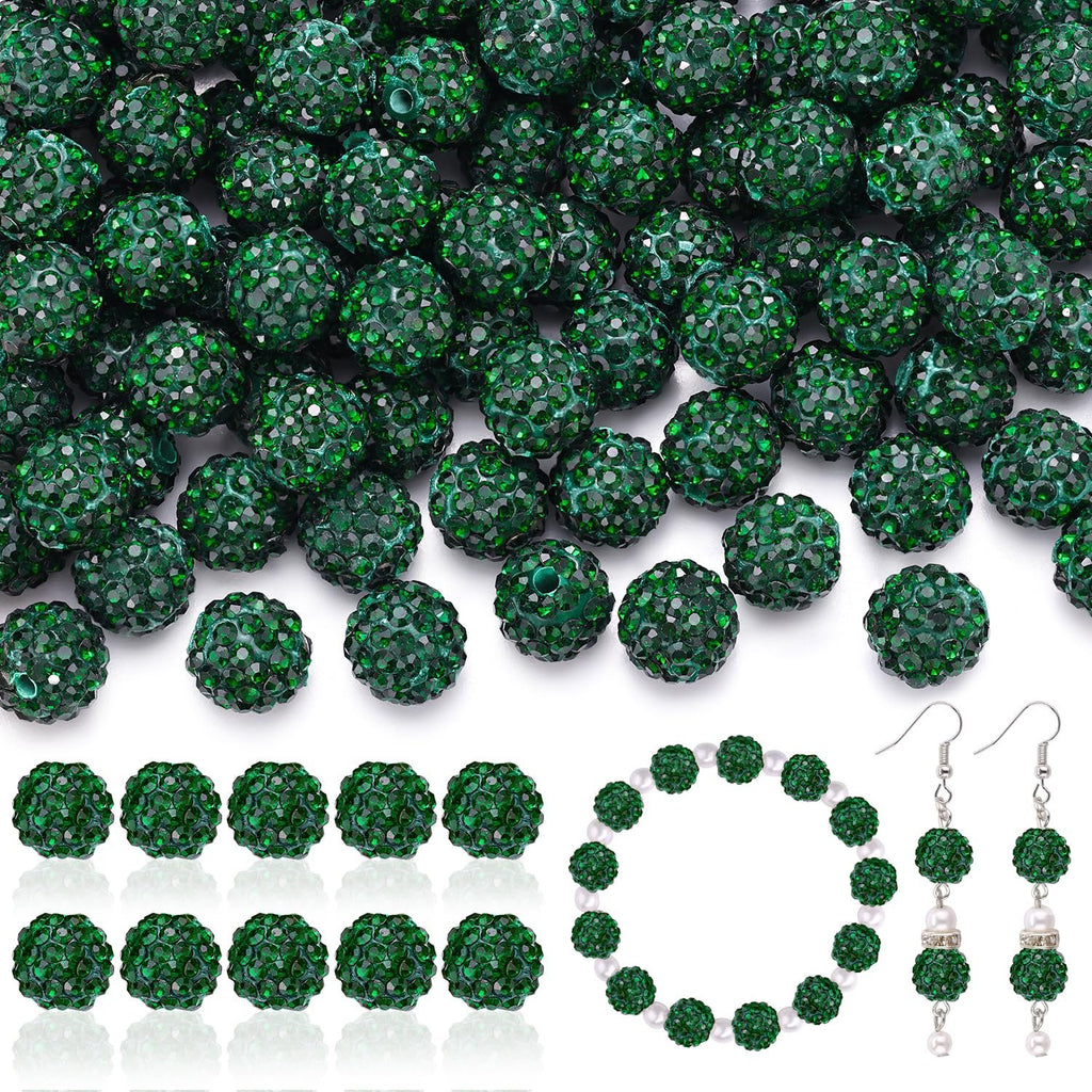 Dark green rhinestone beads shown in bulk and as finished jewelry pieces including a bracelet and earrings.