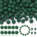Dark green rhinestone beads shown in bulk and as finished jewelry pieces including a bracelet and earrings.