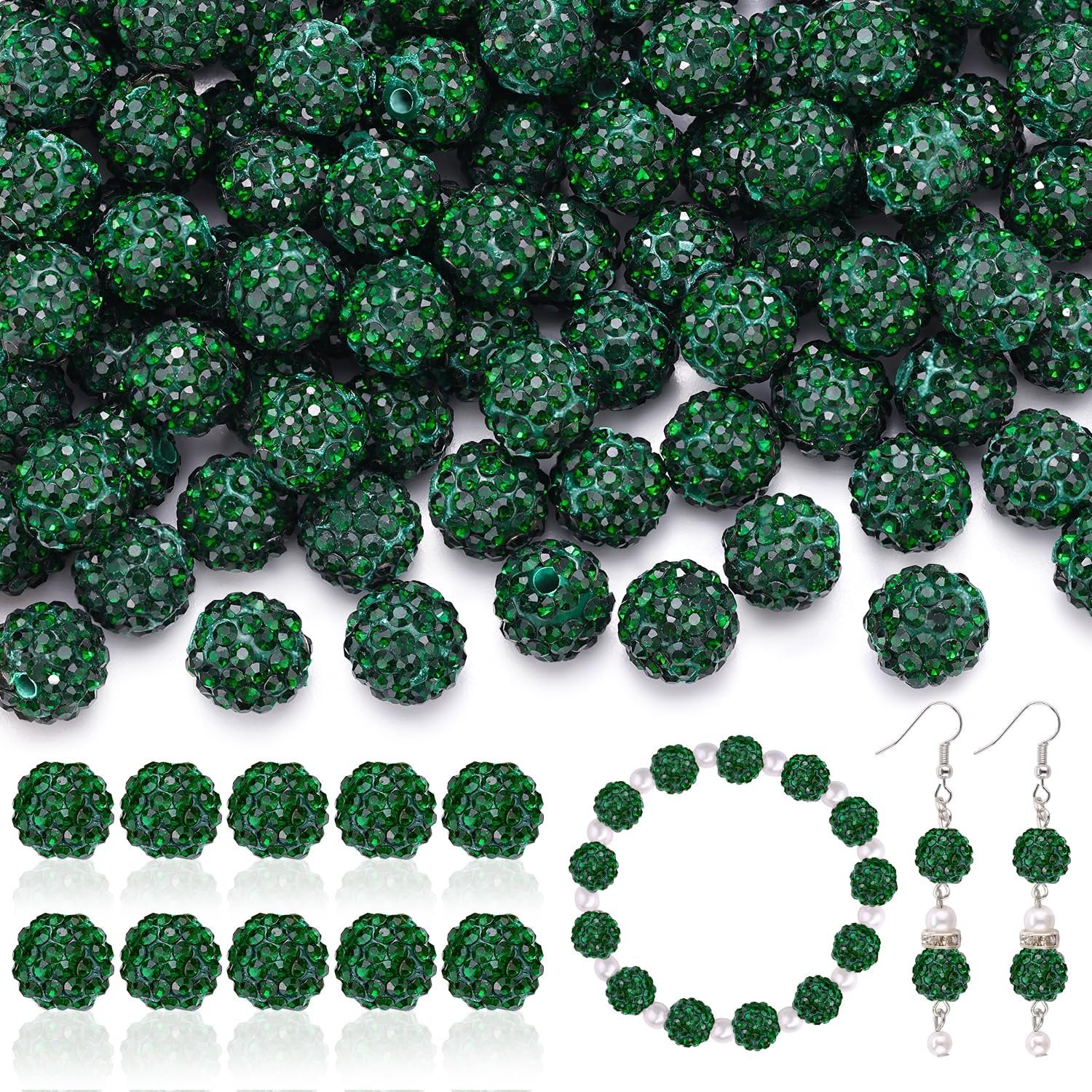 Dark green rhinestone beads shown in bulk and as finished jewelry pieces including a bracelet and earrings.