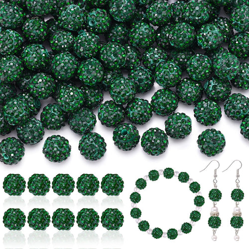 Dark green rhinestone beads shown in bulk and as finished jewelry pieces including a bracelet and earrings.
