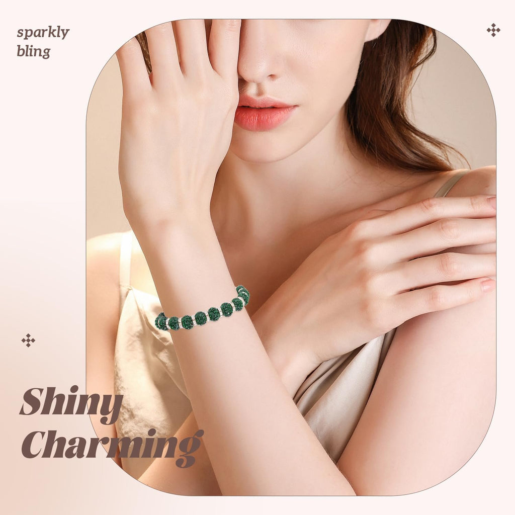 Woman wearing a dark green rhinestone bead bracelet on her wrist, with text overlays.