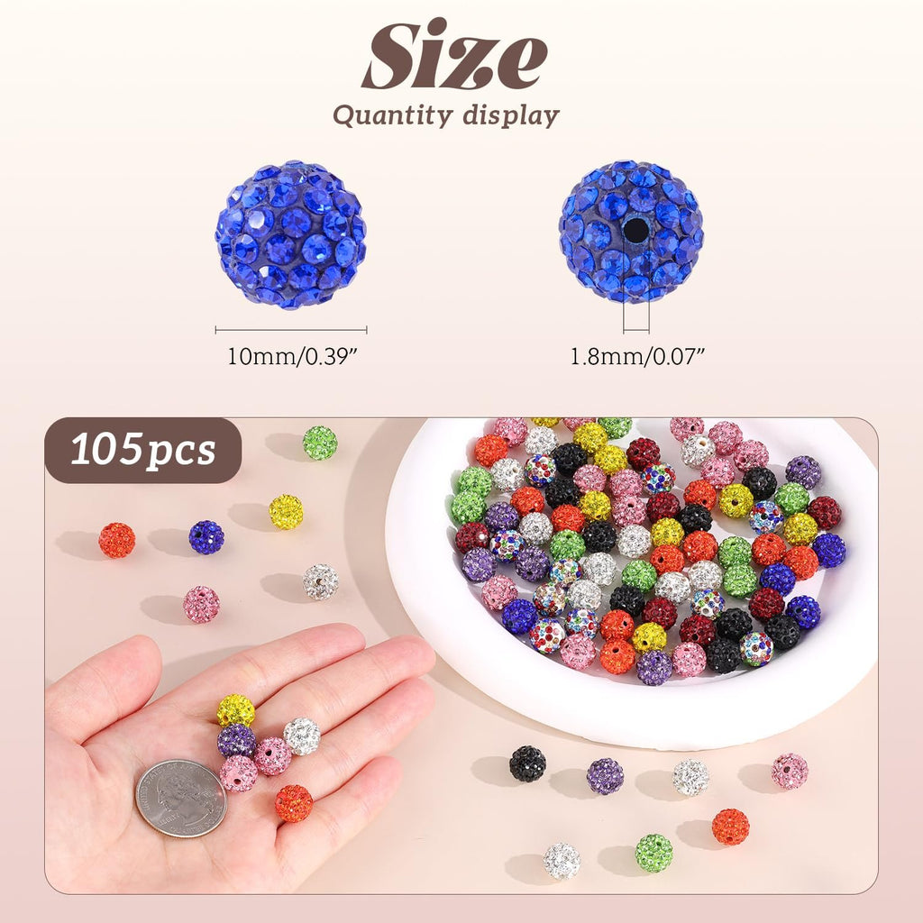 Assorted colorful rhinestone beads shown in a hand and in a bowl, with size and quantity indicators.