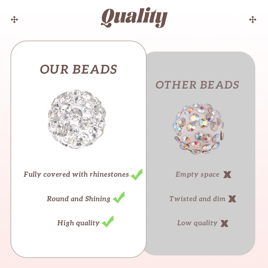 Comparison of two rhinestone beads, one labeled 'Our Beads' and the other 'Other Beads', highlighting quality differences.