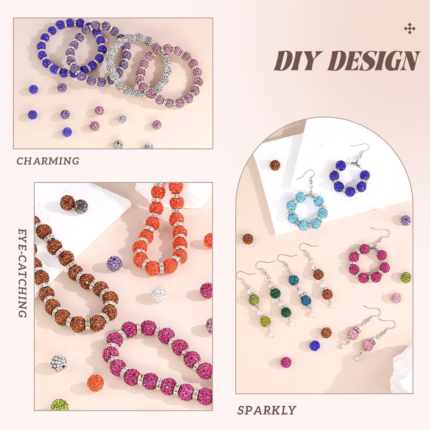 Assortment of colorful rhinestone beads and jewelry including bracelets and earrings
