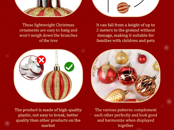 Red and gold striped Christmas ornaments shown in various settings and close-ups, highlighting shatterproof quality and design variety.