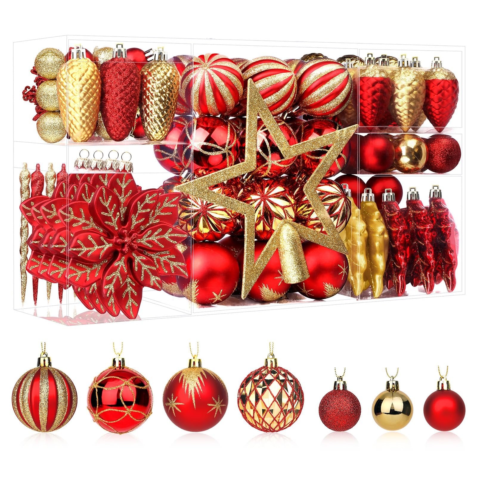 Set of red and gold Christmas ball ornaments in clear plastic display boxes and arranged on a white background.