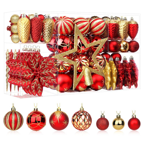 Set of red and gold Christmas ball ornaments in clear plastic display boxes and arranged on a white background.