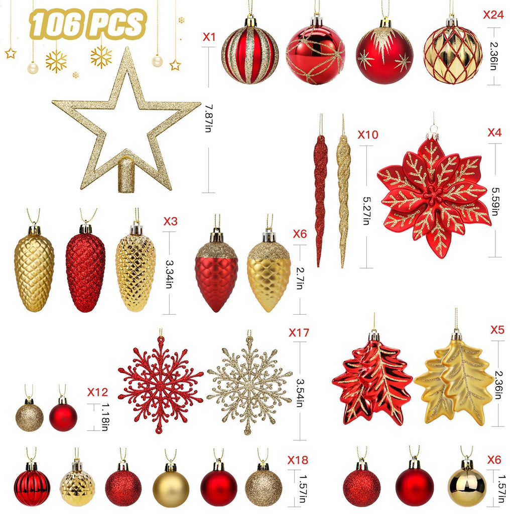Collection of red and gold Christmas ornaments including baubles, icicles, snowflakes, pinecones, poinsettias, and a star topper, with dimensions and quantities indicated.
