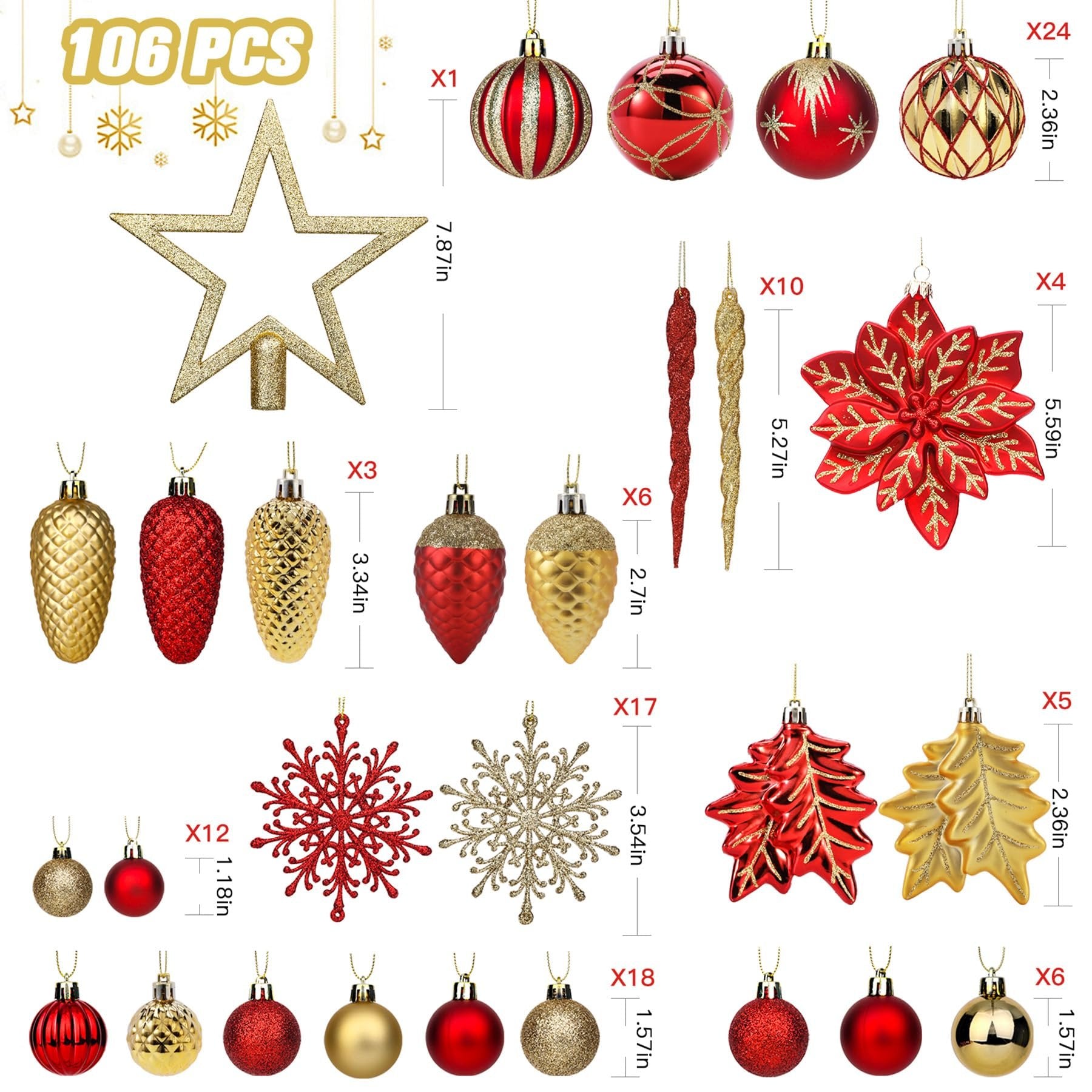 Collection of red and gold Christmas ornaments including baubles, icicles, snowflakes, pinecones, poinsettias, and a star topper, with dimensions and quantities indicated.