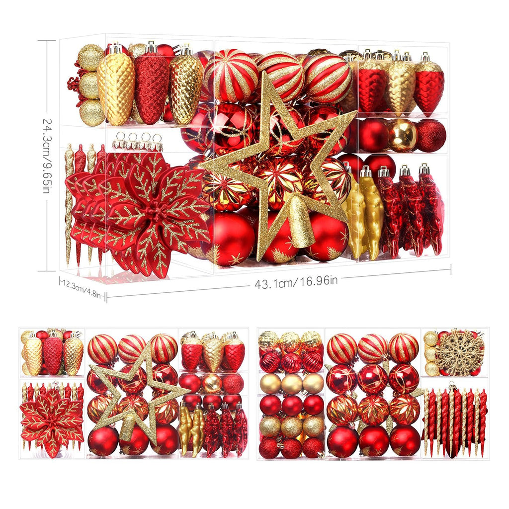 Christmas ornaments in red and gold, including baubles, pinecones, stars, and poinsettias, displayed in clear compartments with dimensions shown.