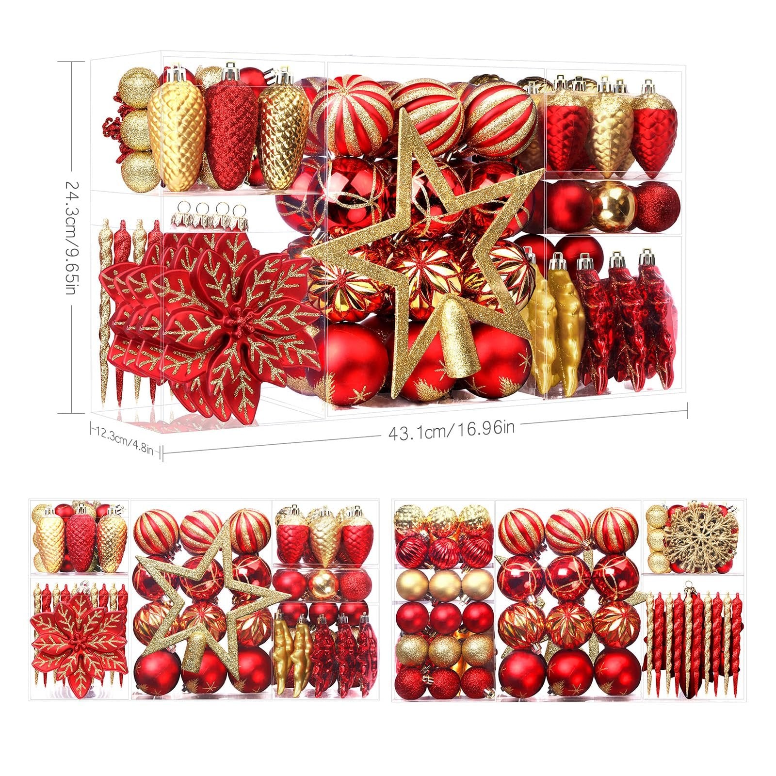 Christmas ornaments in red and gold, including baubles, pinecones, stars, and poinsettias, displayed in clear compartments with dimensions shown.