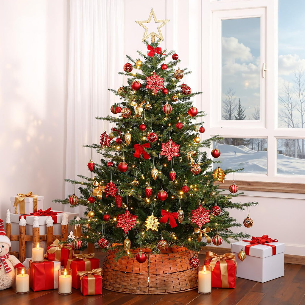 Decorated Christmas tree with red and gold ornaments, lights, and a star topper, surrounded by gifts and candles.