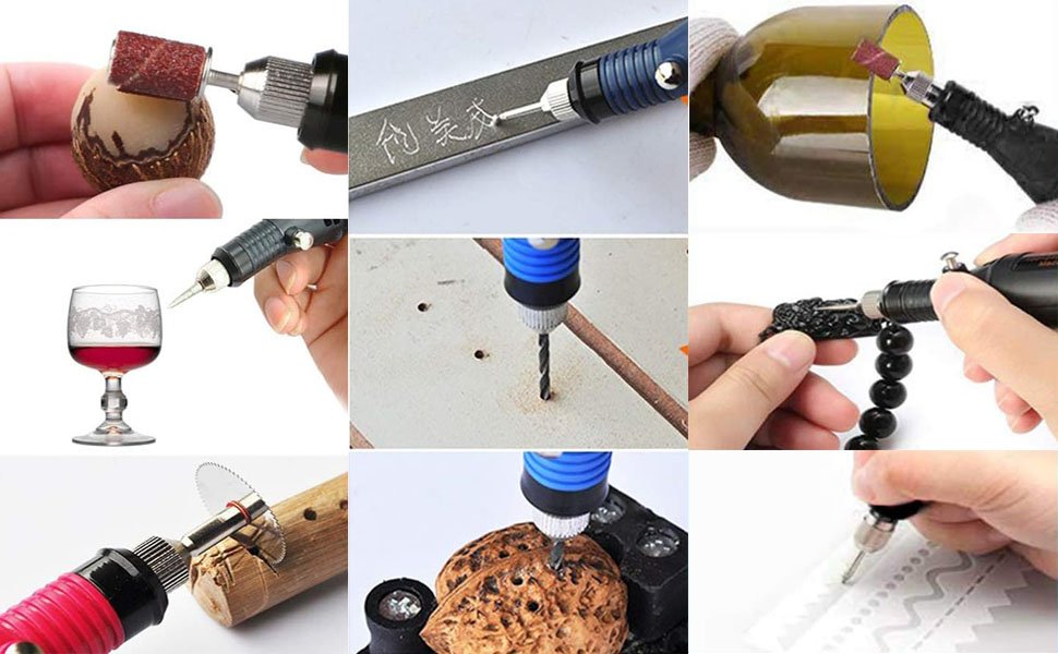 Collage of nine close-up shots demonstrating rotary tool engraving and crafting on various materials like wood, glass, metal, and nuts.
