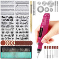 Pink rotary tool kit with stencils, drill bits, and sanding discs laid out on a white background.