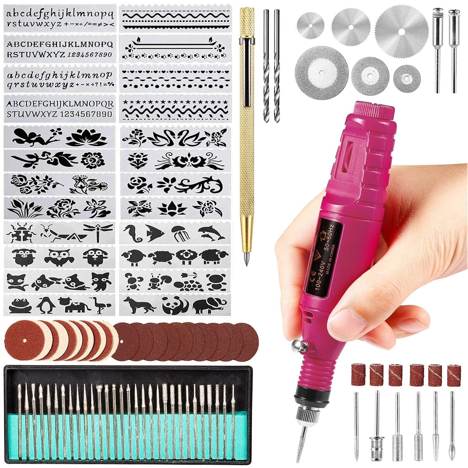 Pink rotary tool kit with stencils, drill bits, and sanding discs laid out on a white background.
