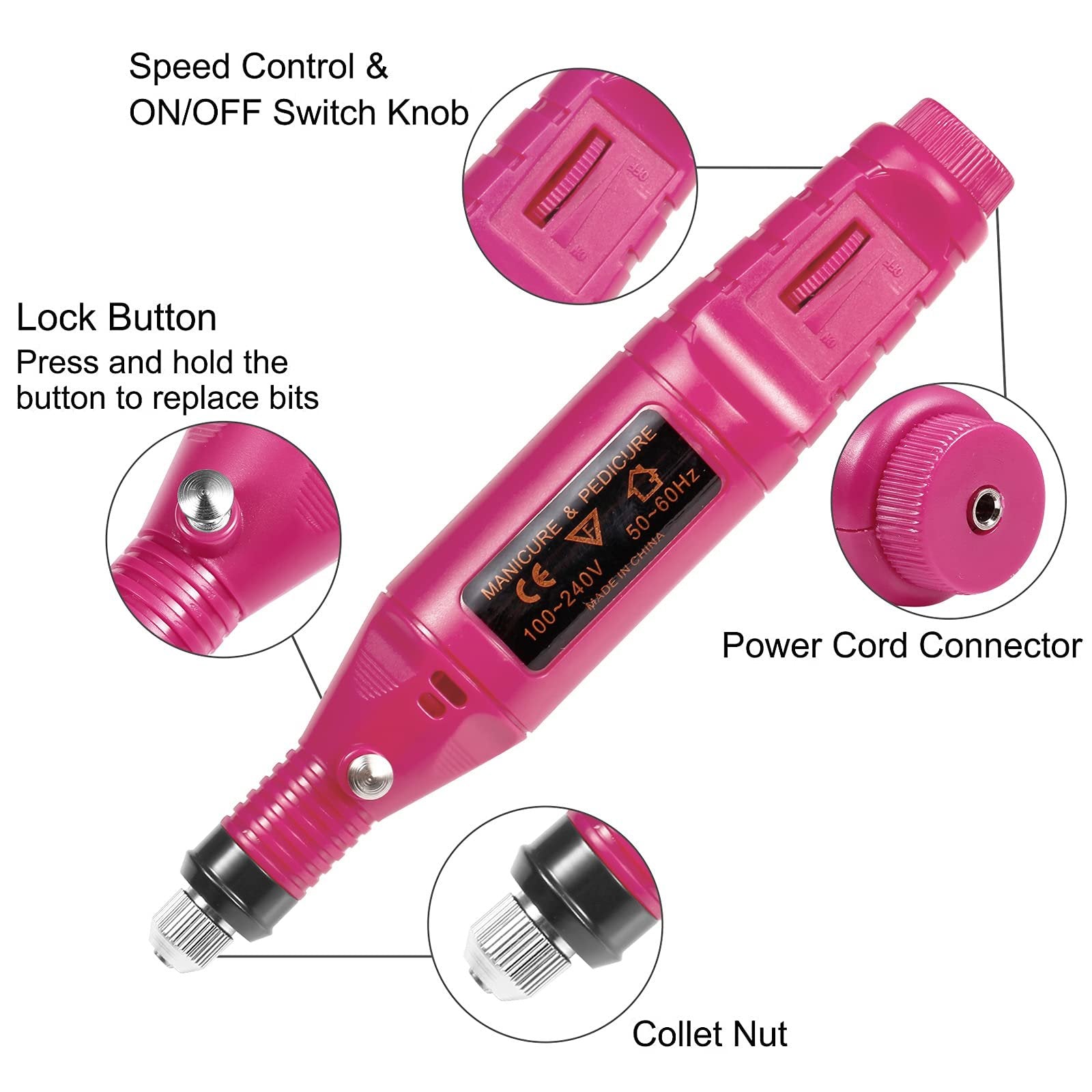 Pink rotary tool with callouts showing speed control, lock button, power cord connector, and collet nut. Label indicates 'MANICURE & PEDICURE'.