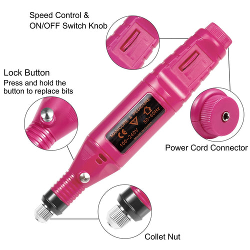 Pink rotary tool with callouts showing speed control, lock button, power cord connector, and collet nut. Label indicates 'MANICURE & PEDICURE'.