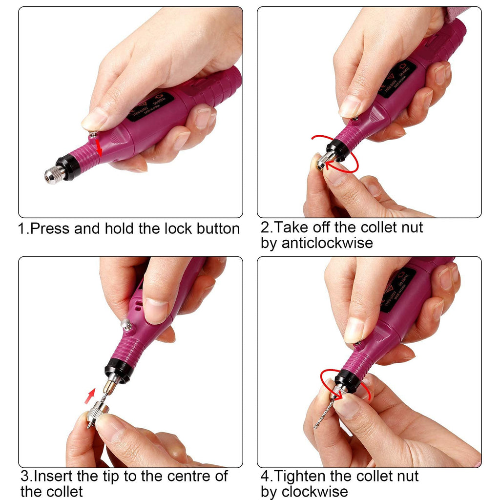 Four-panel image demonstrating how to change the bit on a purple rotary tool. Each panel shows hands performing a step with accompanying text instructions.